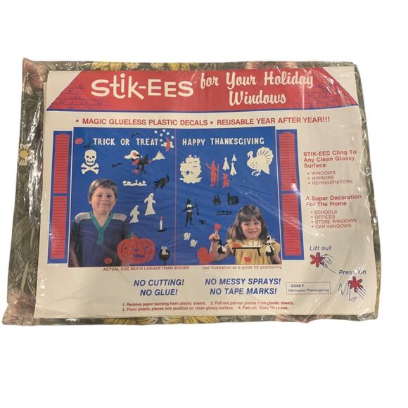 Stik-EES Halloween and Thanksgiving Glueless Plastic Decals Vintage Made in USA - Picture 1 of 5